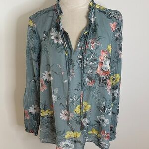 LOFT Floral Blouse in Teal with Yellow and Pink Highlights